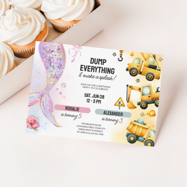 Invitation Jour de l'anniversaire de la construction conjoint (Kids Joint Birthday Invite - Mermaid & Construction)