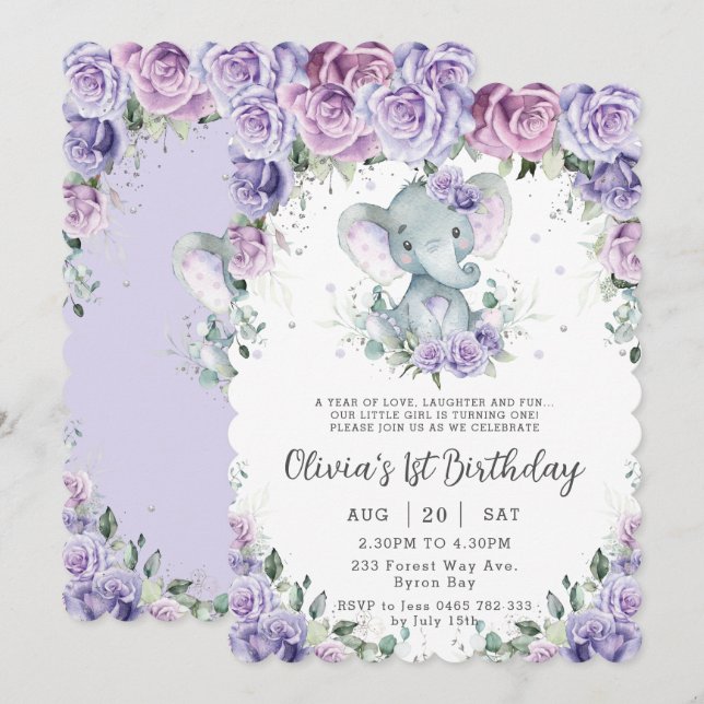 Invitation Jour de l'anniversaire de l'éléphant doux et pourp (Devant / Derrière)