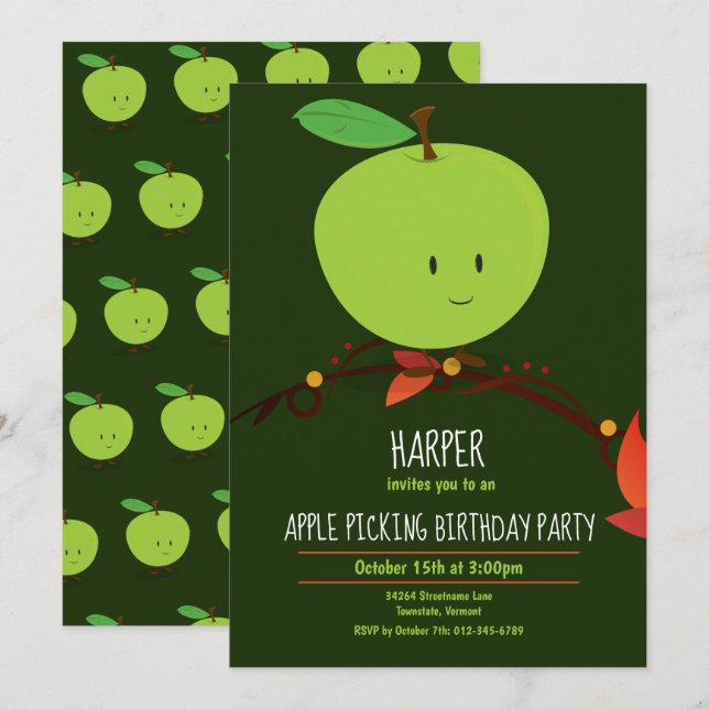 Invitation Jour de l'anniversaire de ramassage de pomme verte (Devant / Derrière)