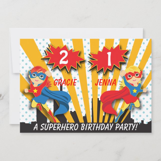 Invitation Jour de l'anniversaire de Twins Superhero | Filles (Devant)