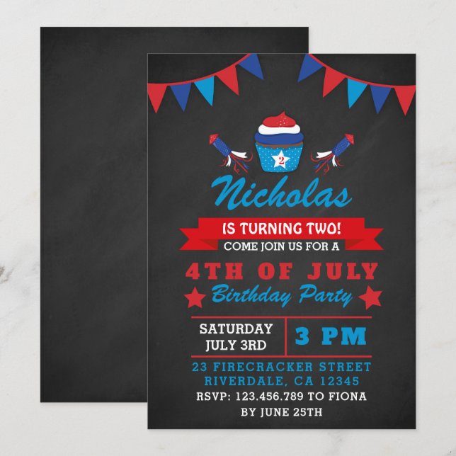 Invitation Jour de l'Indépendance Chalkboard Anniversaire Inv (Devant / Derrière)