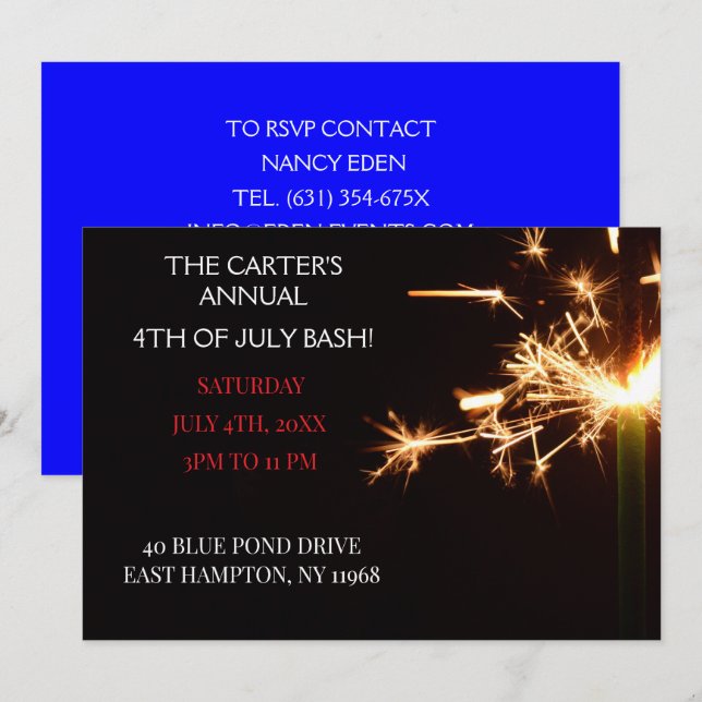 Invitation Jour de l'Indépendance du 4 juillet bleu Sparkler (Devant / Derrière)
