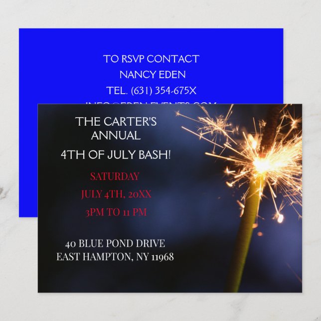 Invitation Jour de l'Indépendance du 4 juillet bleu Sparkler (Devant / Derrière)