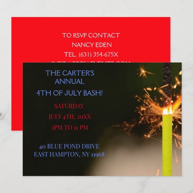 Invitation Jour de l'Indépendance du 4 juillet rouge Sparkler (Devant / Derrière)