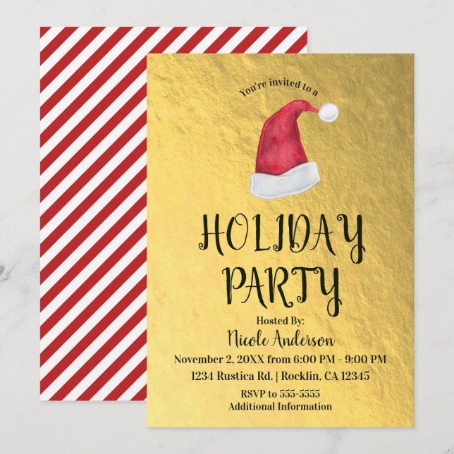Invitation Jour de Noël de l'or brillant Red Santa Hat (Devant / Derrière)