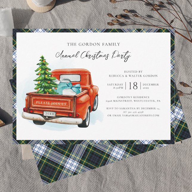Invitation Jour de Noël du Camion Rouge Plaid Gordon Tartan (Rustic Christmas Party Invitation with Red Truck Gordon Tartan)
