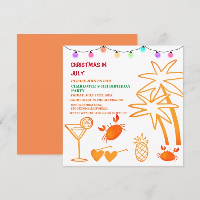 Invitation Jour De Noël En Juillet Fête D'Anniversaire (Devant / Derrière)