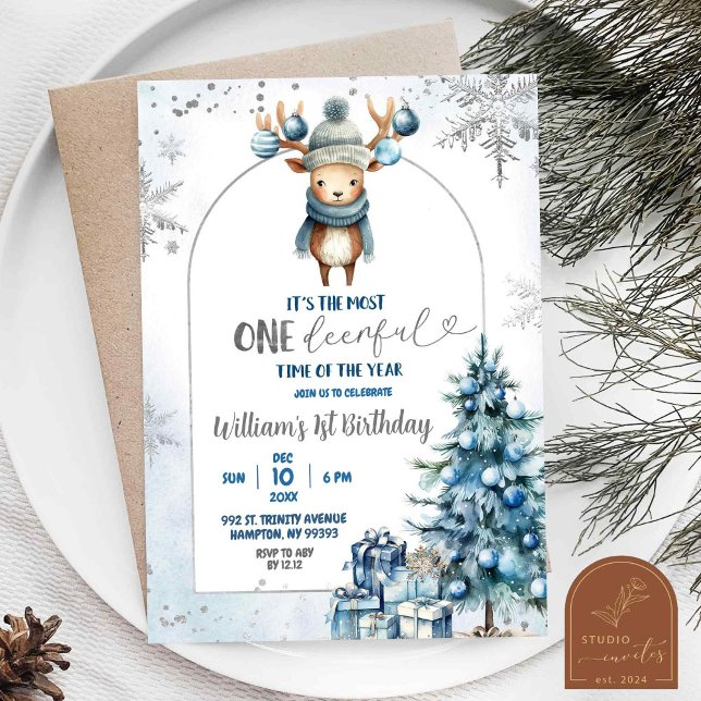 Invitation Jour de Noël enneigé Rindeer Premier anniversaire (Créateur téléchargé)