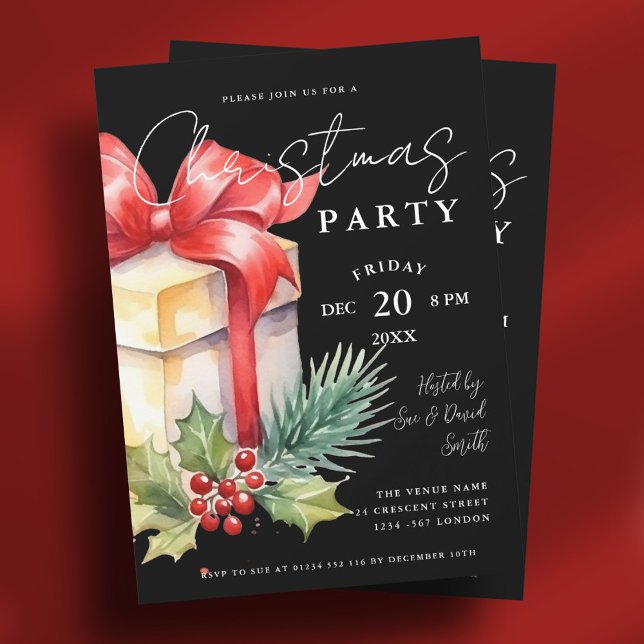 Invitation Jour de Noël Jour de Noël (Script Watercolor Gift Xmas Holiday Party Black Invitation)