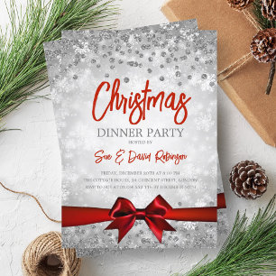 Invitation Jour de Noël Silver Red Parties scintillant Ribbon