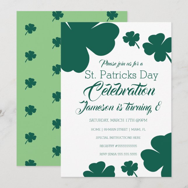 Invitation Jour de St. Patricks Clébration Shamrock verdure (Devant / Derrière)