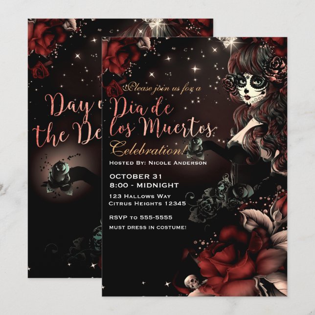Invitation Jour des Morts Dia de los Muertos Red Black (Devant / Derrière)