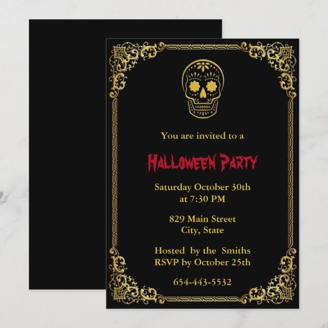 Invitation Jour D'Or De L'Halloween Du Crâne De Sucre Morte (Devant / Derrière)