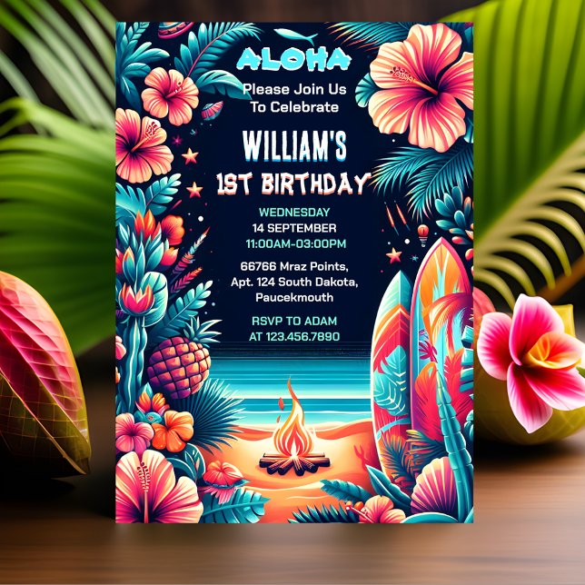 Invitation Jour Joy hula Luau Surf Aloha Hawaiian 1er Anniver (Créateur téléchargé)