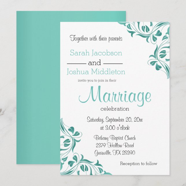 Invitation Jour moderne Turquoise floral défilement (Devant / Derrière)