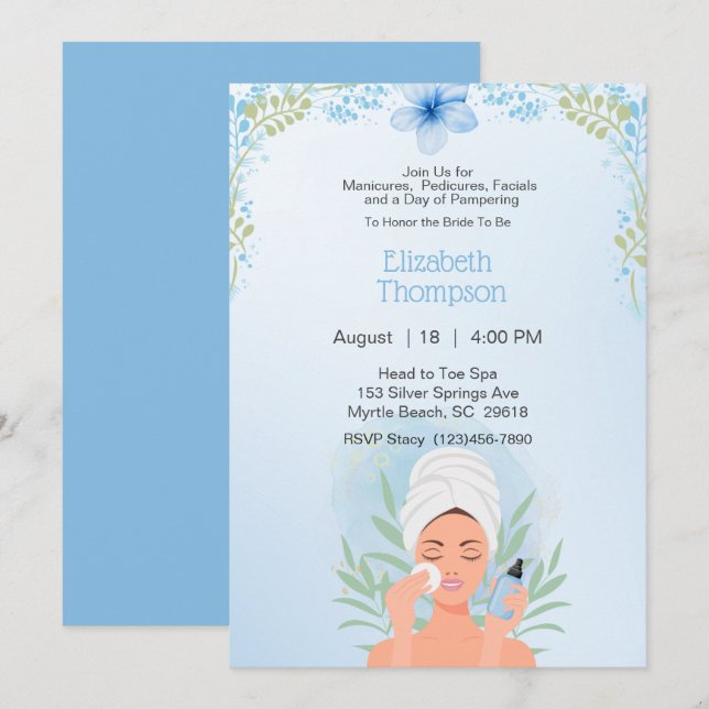 Invitation Jour spa Bachelorette Party Blue Floral (Devant / Derrière)