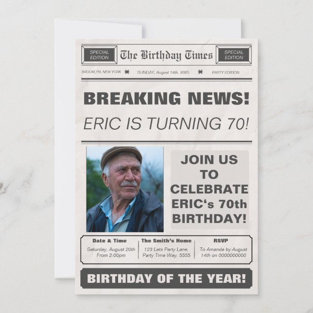 Invitation Journal Anniversaire Avec Photo Breaking News Extr (Devant)