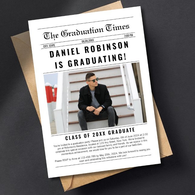 Invitation Journal Graduate Photo Stylish Graduation 2024 (newspaper graduation party invitation stylish classic photo grad invite for him)