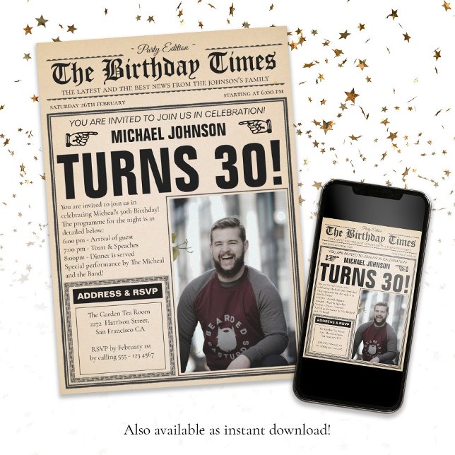 Invitation Journal vintage 30e anniversaire amusant photo per (Vintage Newspaper 30th Birthday Fun Custom Photo Invitation)