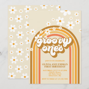 Invitation Jours de fête Rétro Groovy Arc-en-ciel Brun Jumeau