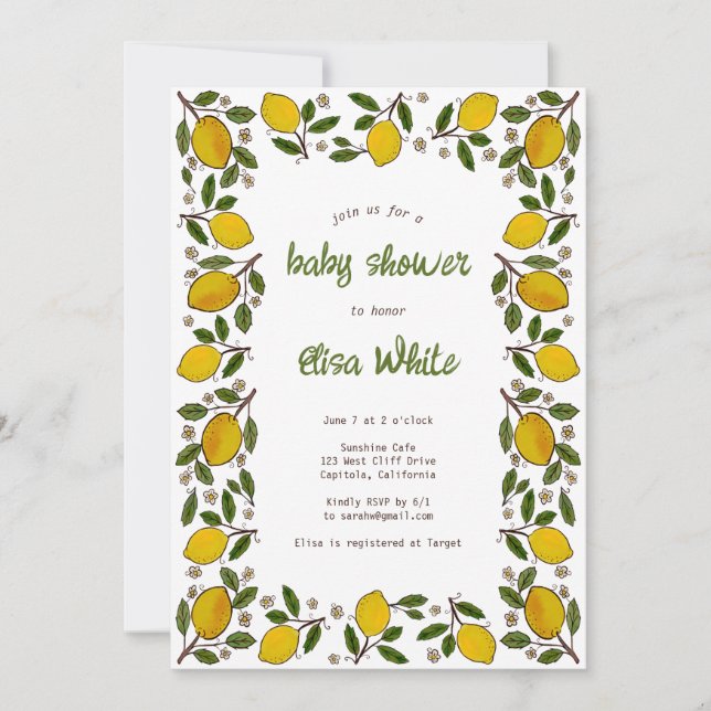 Invitation Jovely Lemons mignon CUSTOM QR Code BABY SHOWER (Devant)