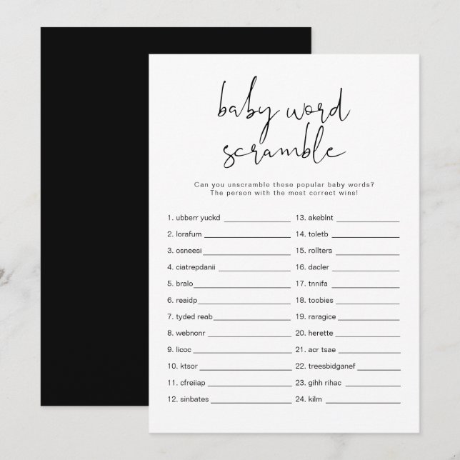 Invitation JOVI Black Modern Baby Word Scramble Jeu Invitati (Devant / Derrière)