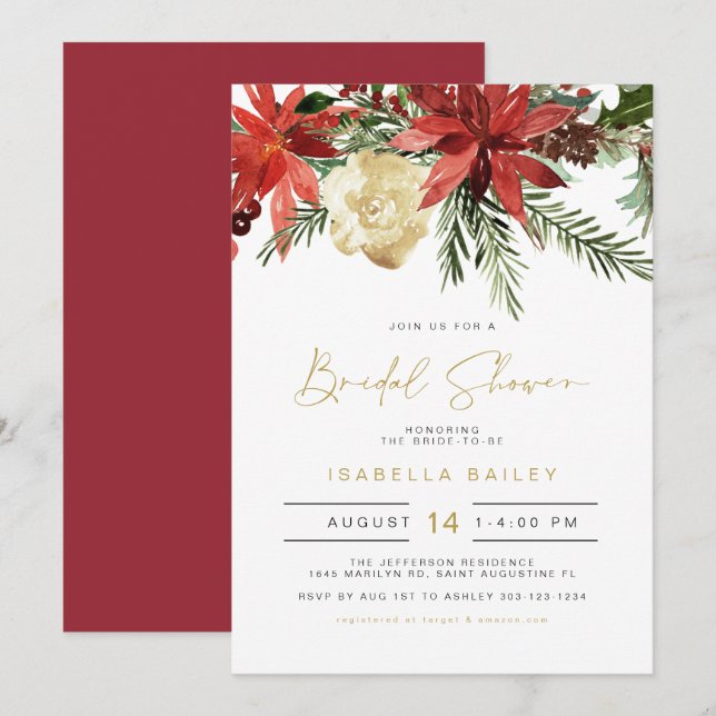 Invitation JOVI Vacances Rouge et Or Poinsettia Fête des mari (Devant / Derrière)