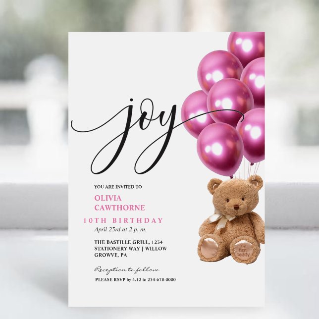 Invitation Joy Modern Cute Bear Pink Balls 10e anniversaire (Créateur téléchargé)