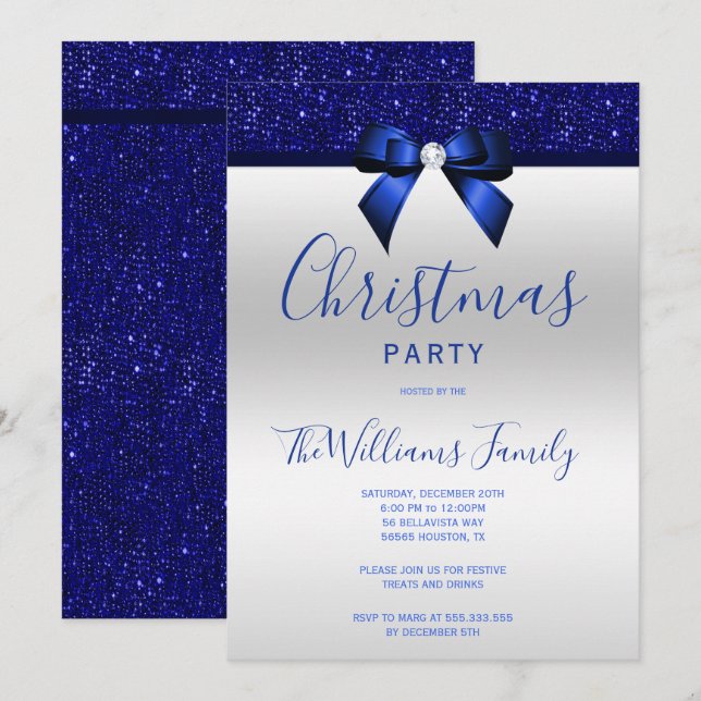 Invitation Joyau bleu de la marine Posh Bow Noël Party (Devant / Derrière)