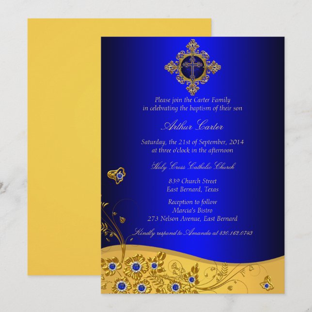 Invitation Joyau bleu royal Floral & Cross Baptême (Devant / Derrière)
