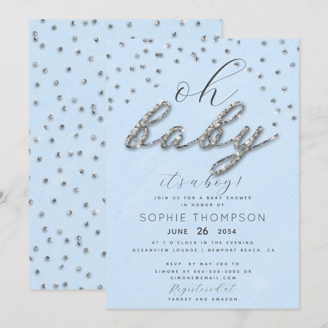 Invitation Joyau classique Blue Parties scintillant Baby show (Devant / Derrière)