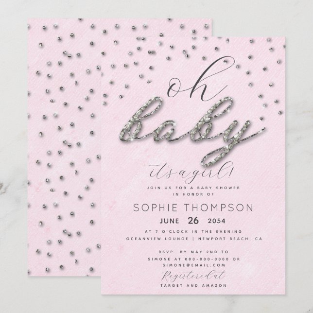 Invitation Joyau classique Parties scintillant rose étincelle (Devant / Derrière)