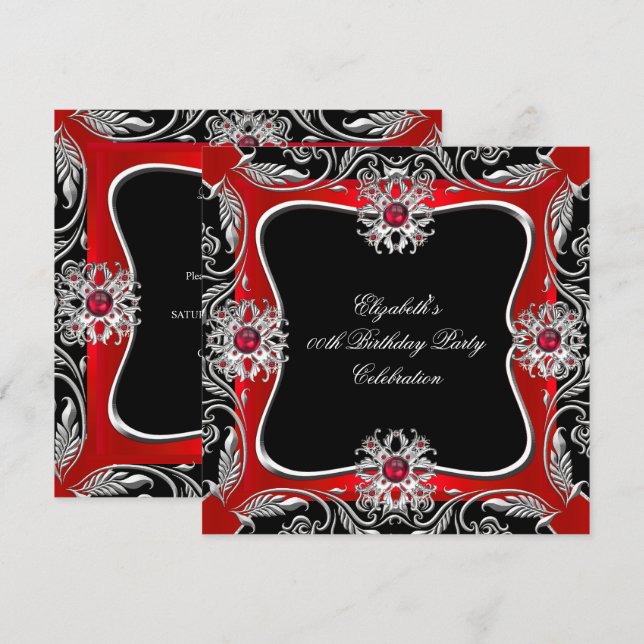 Invitation Joyau d'argent rouge élégant Noir fête d'anniversa (Devant / Derrière)