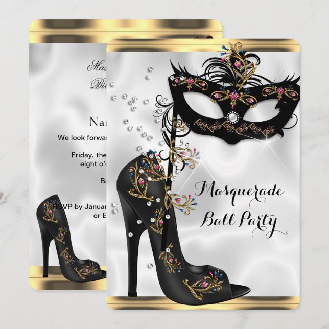Invitation Joyau de bal Mascarade Noir Blanc Or (Devant / Derrière)
