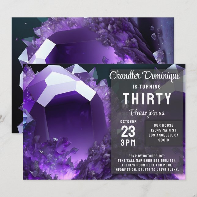 Invitation Joyau de cristal Aquarius Amethyst Février Anniver (Devant / Derrière)