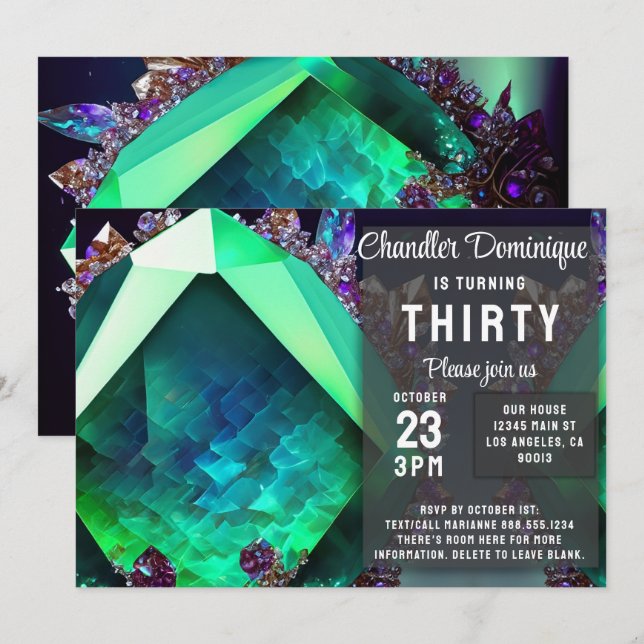 Invitation Joyau de cristal Green Emerald Gemstone May Annive (Devant / Derrière)