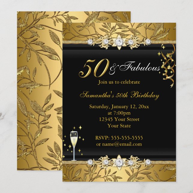 Invitation Joyau d'or feuille 50 fabuleux anniversaire noir (Devant / Derrière)