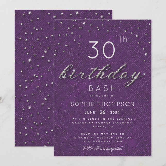 Invitation Joyau moderne violet Parties scintillant étincelle (Devant / Derrière)