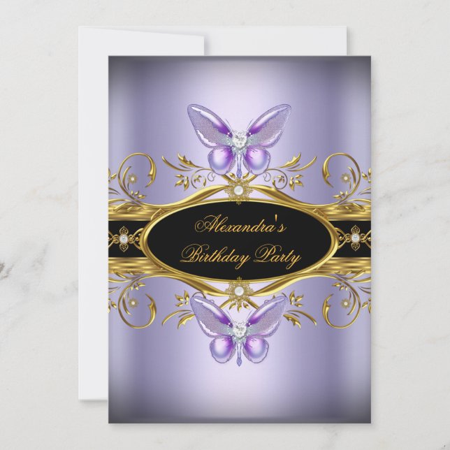Invitation Joyau noir violet or Fête d'anniversaire (Devant)