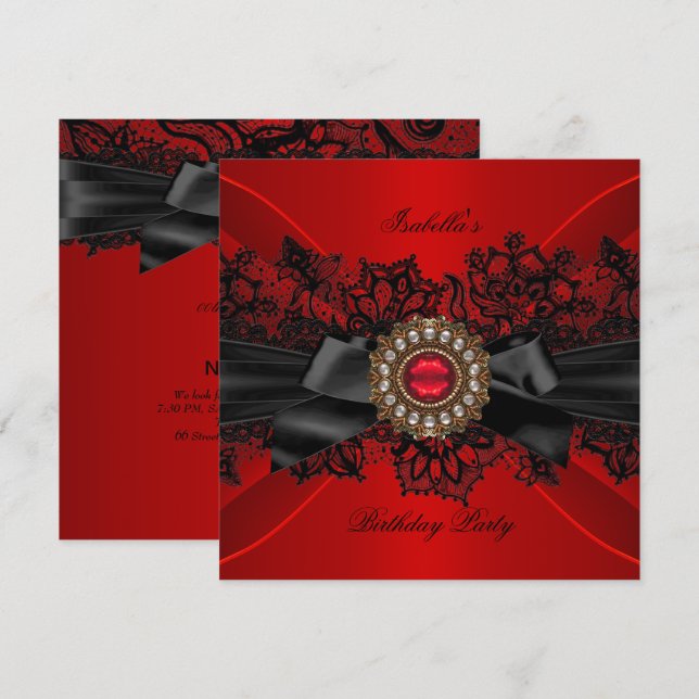 Invitation Joyau rouge élégant Black Lace Bow fête d'annivers (Devant / Derrière)