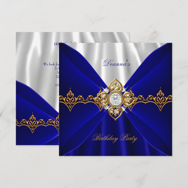 Invitation Joyau Royal Bleu Or Anniversaire Noir Blanc Soie 2 (Devant / Derrière)