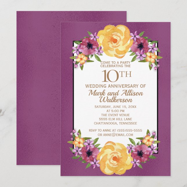 Invitation Joyau Tone violet jaune floral 10e anniversaire (Devant / Derrière)