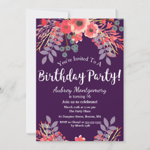 Invitation Joyau violet Tone Aquarelle Fleurs Anniversaire