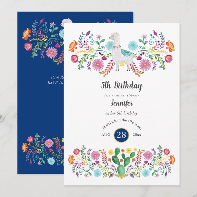 Invitation Joyeuse 5e anniversaire fille FIESTA LLAMA Fleurs  (Devant / Derrière)
