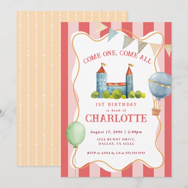 Invitation Joyeuse Aquarelle Cirque Baby 1er Anniversaire (Devant / Derrière)