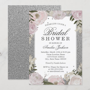 Invitation Joyeuse Fête de Mariage Rose Floral Argent