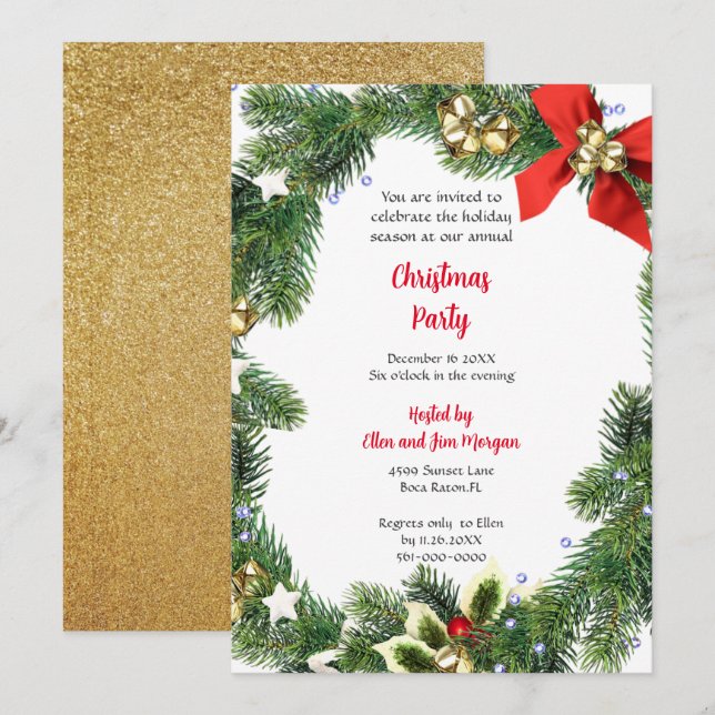 Invitation Joyeuse fête de Noël avec Vacances vertes (Devant / Derrière)