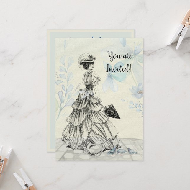 Invitation Joyeuse fête des mères Femme victorienne Parasol B (Devant/Arrière en situation)
