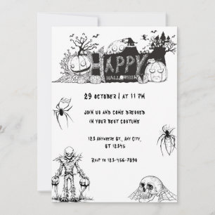 Invitation Joyeuse fête d'Halloween noire et blanche effrayan