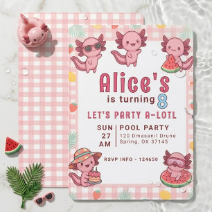 Invitation Joyeuse Fête Rose Kawaii Axolotl 8e Anniversaire F